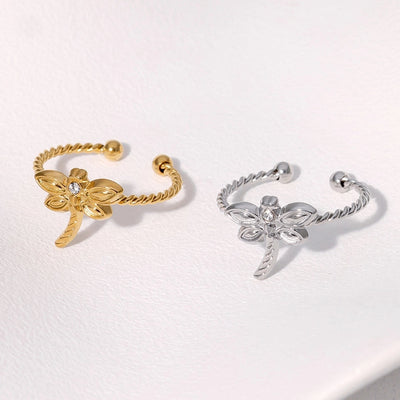 Jewelry Retro French Style IG Style Dragonfly 304 Stainless Steel 18K Gold Plated Rhinestone Stainless Steel Rings