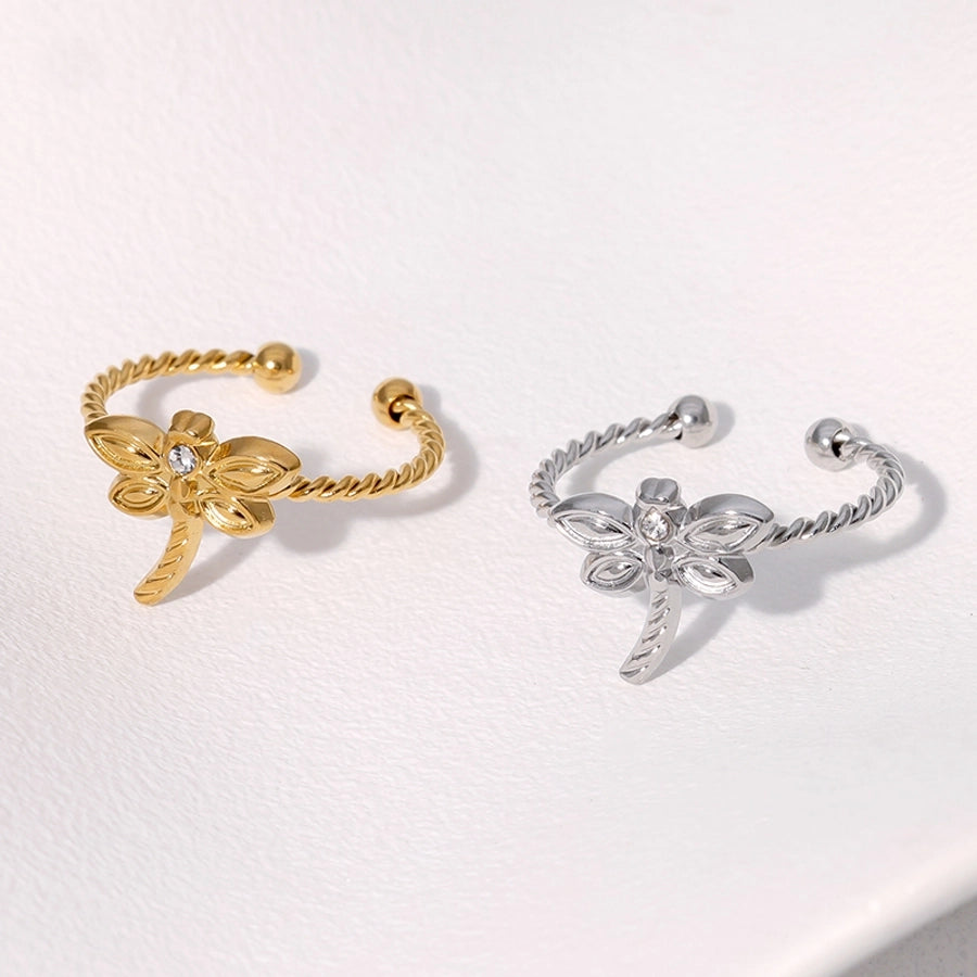 Jewelry Retro French Style IG Style Dragonfly 304 Stainless Steel 18K Gold Plated Rhinestone Stainless Steel Rings