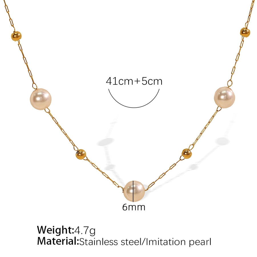 Jewelry IG Style Elegant French Style Round 304 Stainless Steel Artificial Pearls 18K Gold Plated Beaded Polishing Necklace