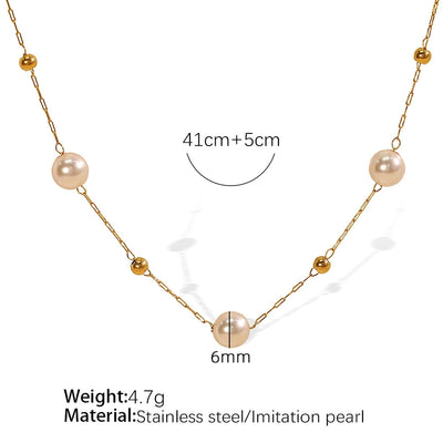 Jewelry IG Style Elegant French Style Round 304 Stainless Steel Artificial Pearls 18K Gold Plated Beaded Polishing Necklace