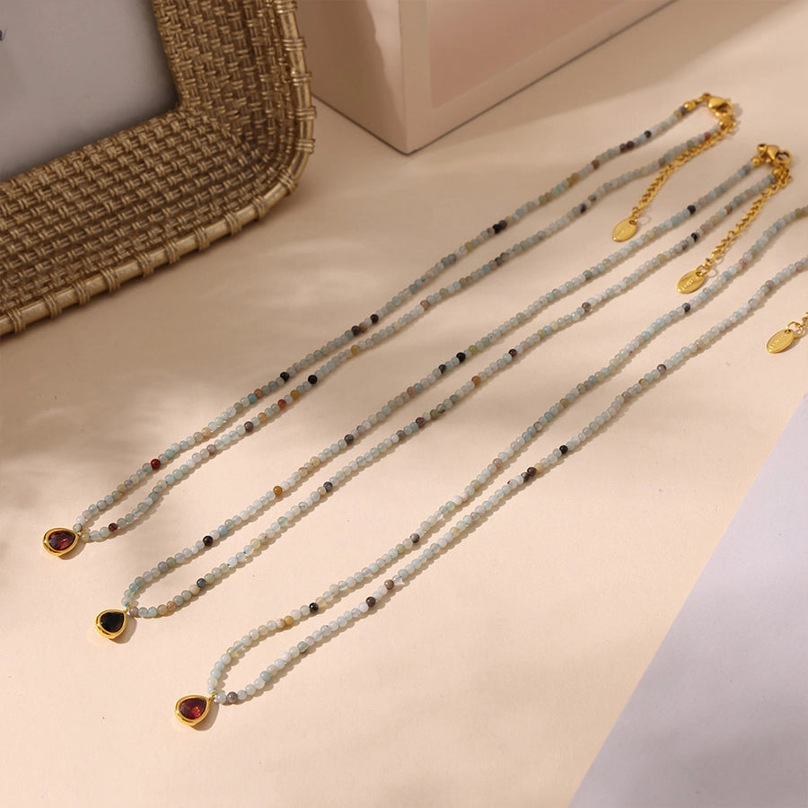 Elegant Vacation Water Droplets 304 Stainless Steel natural stone Zircon Beaded Chain Pendant Necklace In Bulk