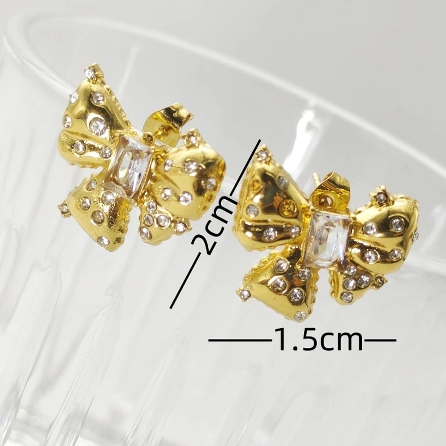 1 Pair Elegant Princess Bow Knot Inlay 304 Stainless Steel Rhinestones 18K Gold Plated Ear Studs