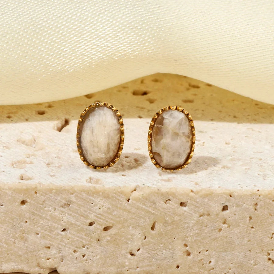 One Pack and Two Pairs Retro French Style Geometric Plating Titanium Steel Natural Stone 14K Gold Plated Ear Studs