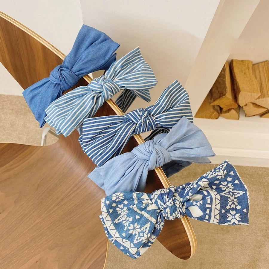 korean simple double-layer bow-knot denim  striped floral wide-brim headband