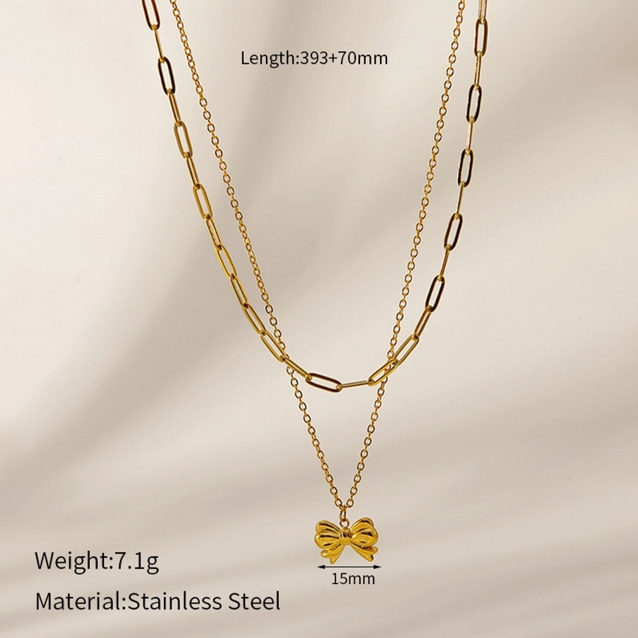 Jewelry IG Style Sweet Bow Knot 304 Stainless Steel Zircon Hollow Out Inlay Double Layer Necklaces