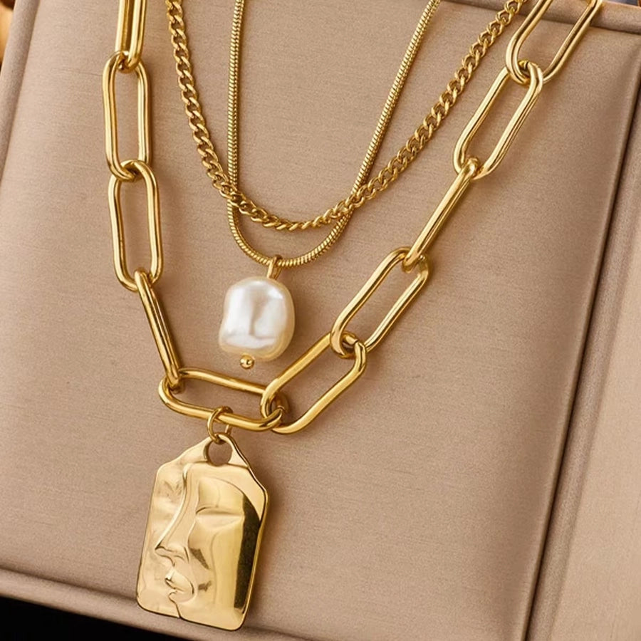 Jewelry Vintage Style French Style Human Titanium Steel Artificial Pearls 18K Gold Plated Layered Necklaces