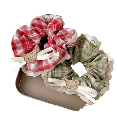 Women's Casual Preppy Style Lattice Bear Bow Knot Cloth Lace Hair Tie