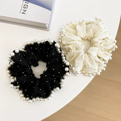 Large Embroidered Pearl Mesh Large Intestine Hair Ring Ponytail Hair String Retro Simple French High-End Hepburn Style Hair Accessories for Women