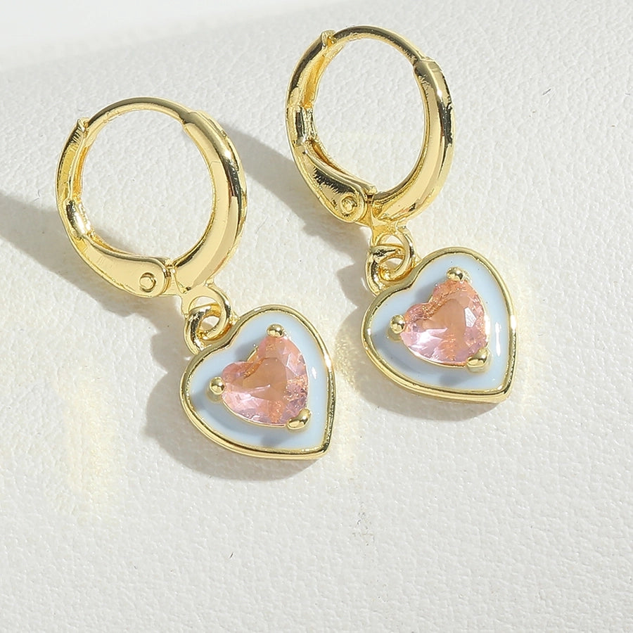 1 Pair Elegant Simple Style Commute Four Leaf Clover Heart Shape Enamel Inlay Copper Zircon 14K Gold Plated Drop Earrings