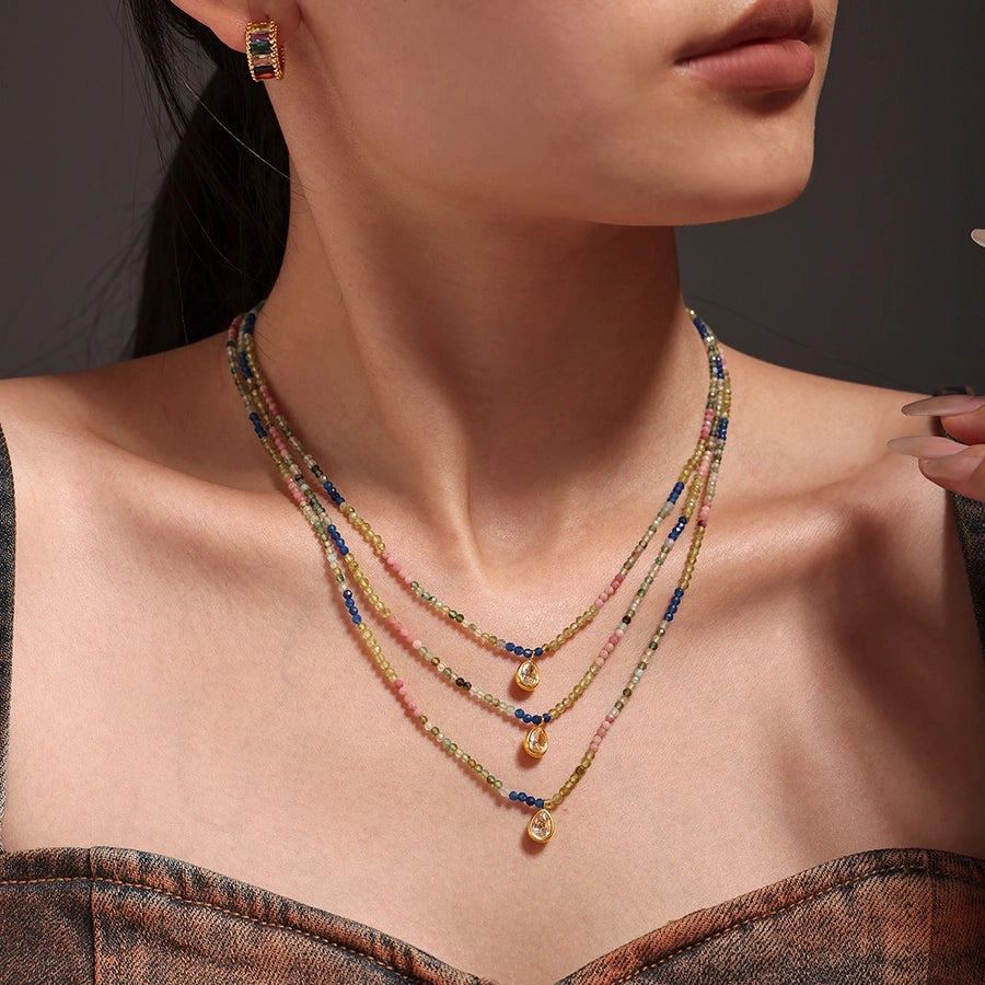 Elegant Water Droplets 304 Stainless Steel natural stone 18K Gold Plated Opal Beaded Chain Pendant Necklace In Bulk