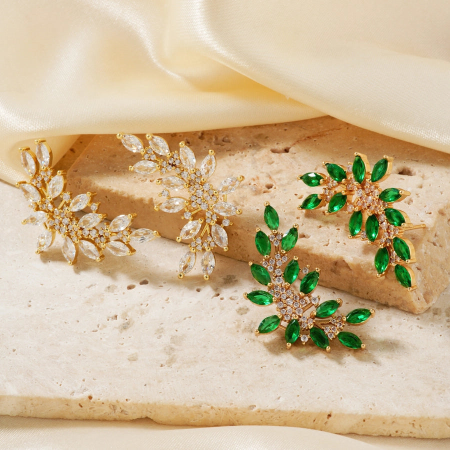 1 Pair Elegant Artistic Streetwear Leaf Asymmetrical Copper Glass Zircon K Gold Plated Rhodium Plated Ear Studs