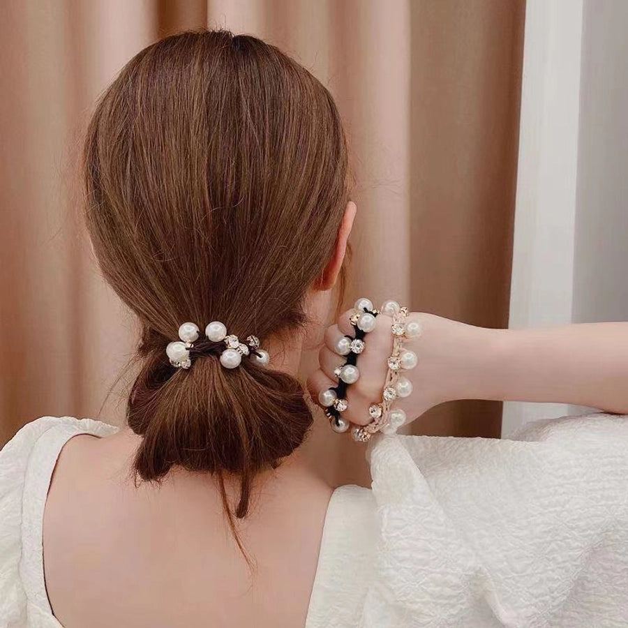 Elegant Pearl Head Rope Women's Simple Elegant Hair Rope Korean Cyber Celebrity Rubber Band Hair Rings Ponytail Headwear Leather Cover