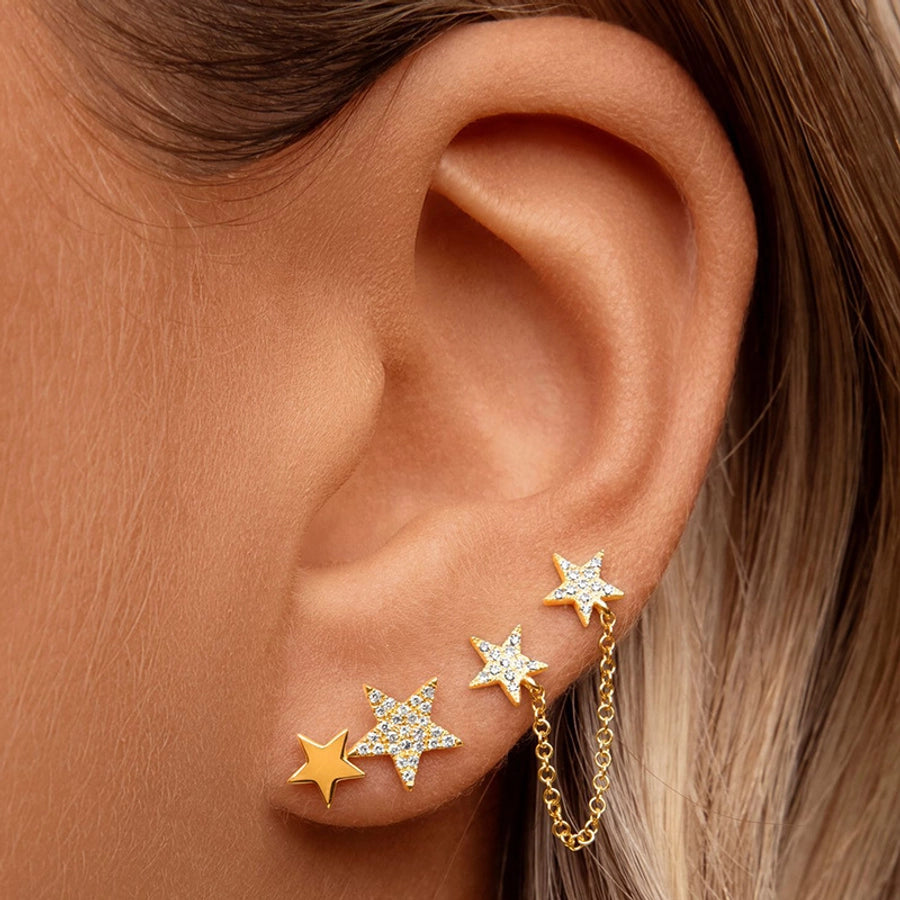 1 Pair IG Style Star Chain Inlay Copper Zircon Gold Plated Ear Studs