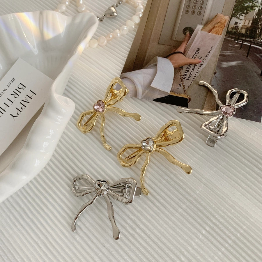 Women's IG Style Sweet Heart Shape Bow Knot Metal Hollow Out Inlay Rhinestones Hair Clip
