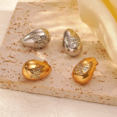 1 Pair IG Style Water Droplets Butterfly Plating Inlay 304 Stainless Steel Rhinestones 18K Gold Plated Ear Studs