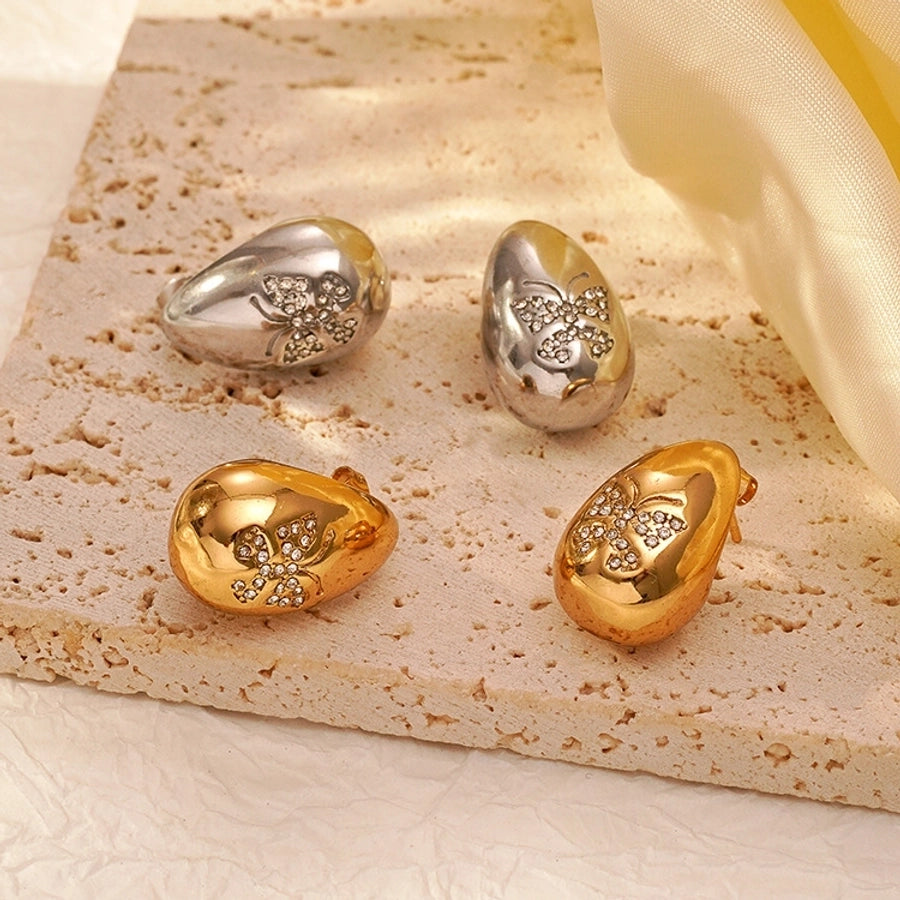 1 Pair IG Style Water Droplets Butterfly Plating Inlay 304 Stainless Steel Rhinestones 18K Gold Plated Ear Studs
