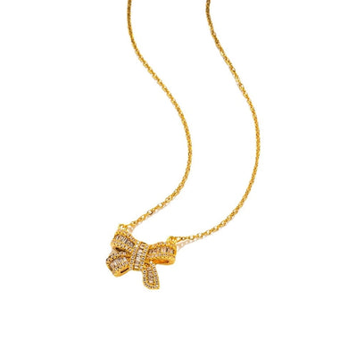 Jewelry Simple Style Bow Knot Titanium Steel Zircon Inlay Pendant Necklace