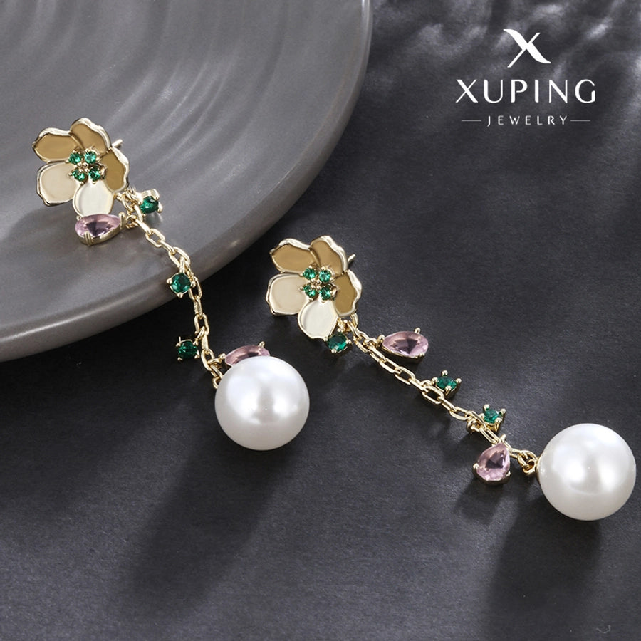 1 Pair Elegant Sweet Flower Plating Copper Artificial Gemstones Beads 18K Gold Plated Drop Earrings