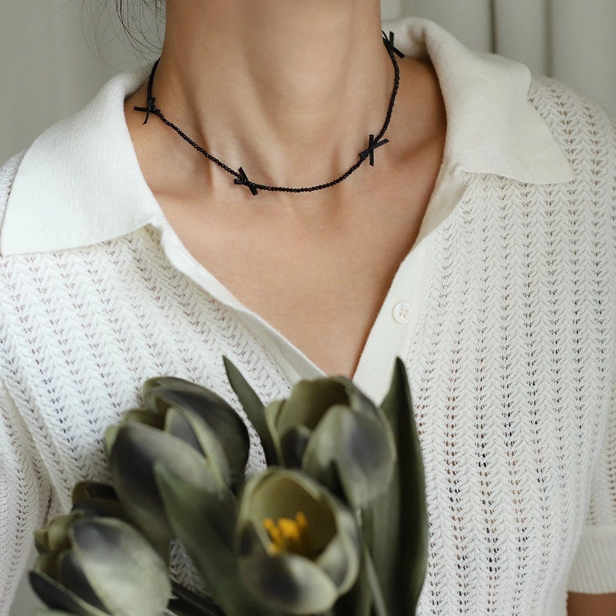 Jewelry Cute Bow Knot 304 Stainless Steel Cloth Glass Beaded Handmade Necklace