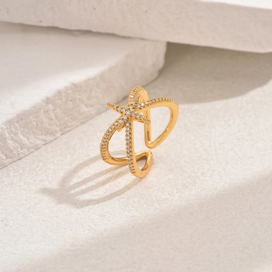 A Copper-Plated Gold Glossy Heart Inlaid Zircon Bow XINGX Sweet Light Luxury Daily Date Gift Women's Ring