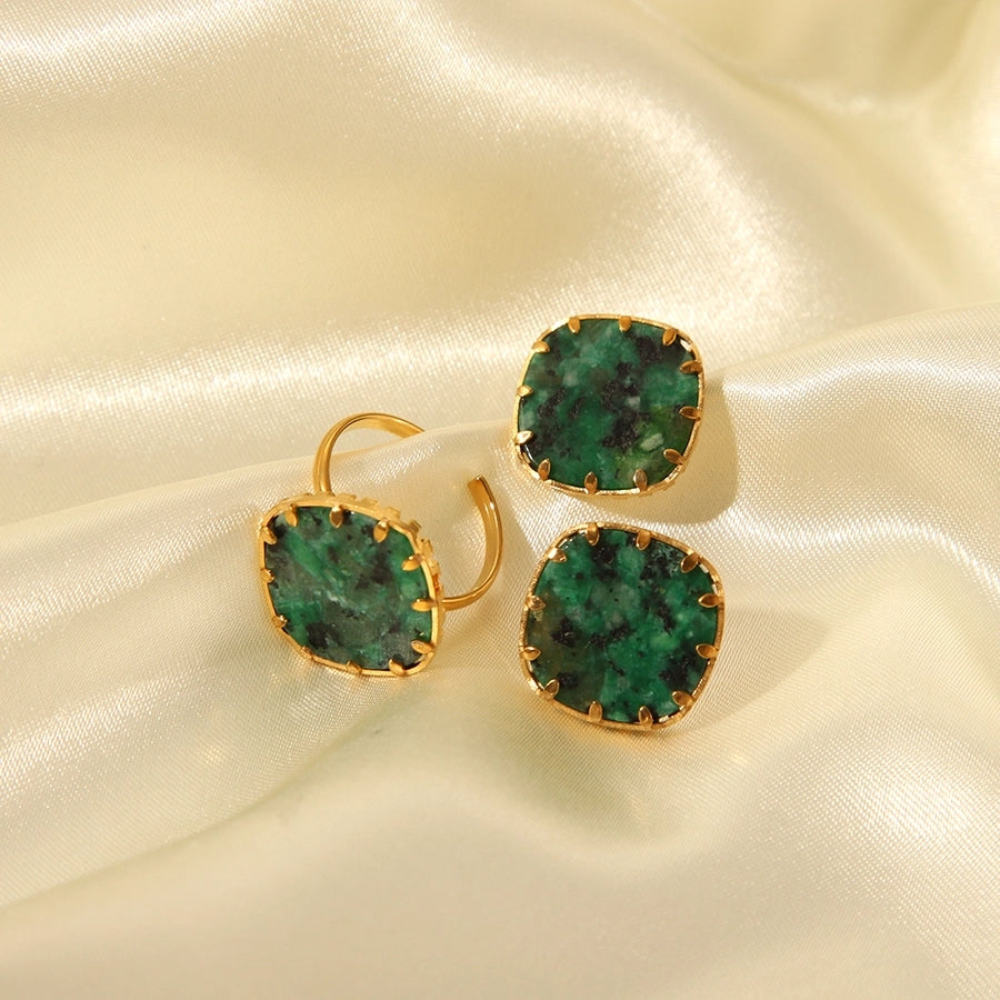 Jewelry Vintage Style French Style Square 201 Stainless Steel Turquoise 18K Gold Plated Polishing Plating Inlay Rings Earrings Jewelry Set