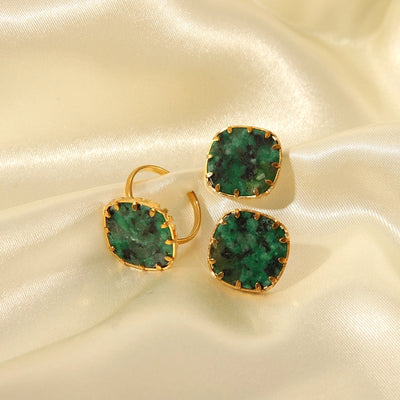 Jewelry Vintage Style French Style Square 201 Stainless Steel Turquoise 18K Gold Plated Polishing Plating Inlay Rings Earrings Jewelry Set