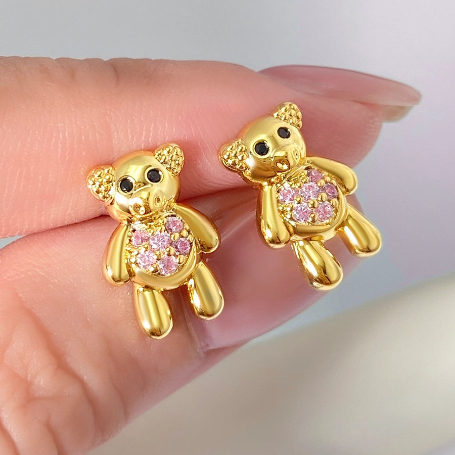 1 Pair Cute Bear Copper Zircon Ear Studs