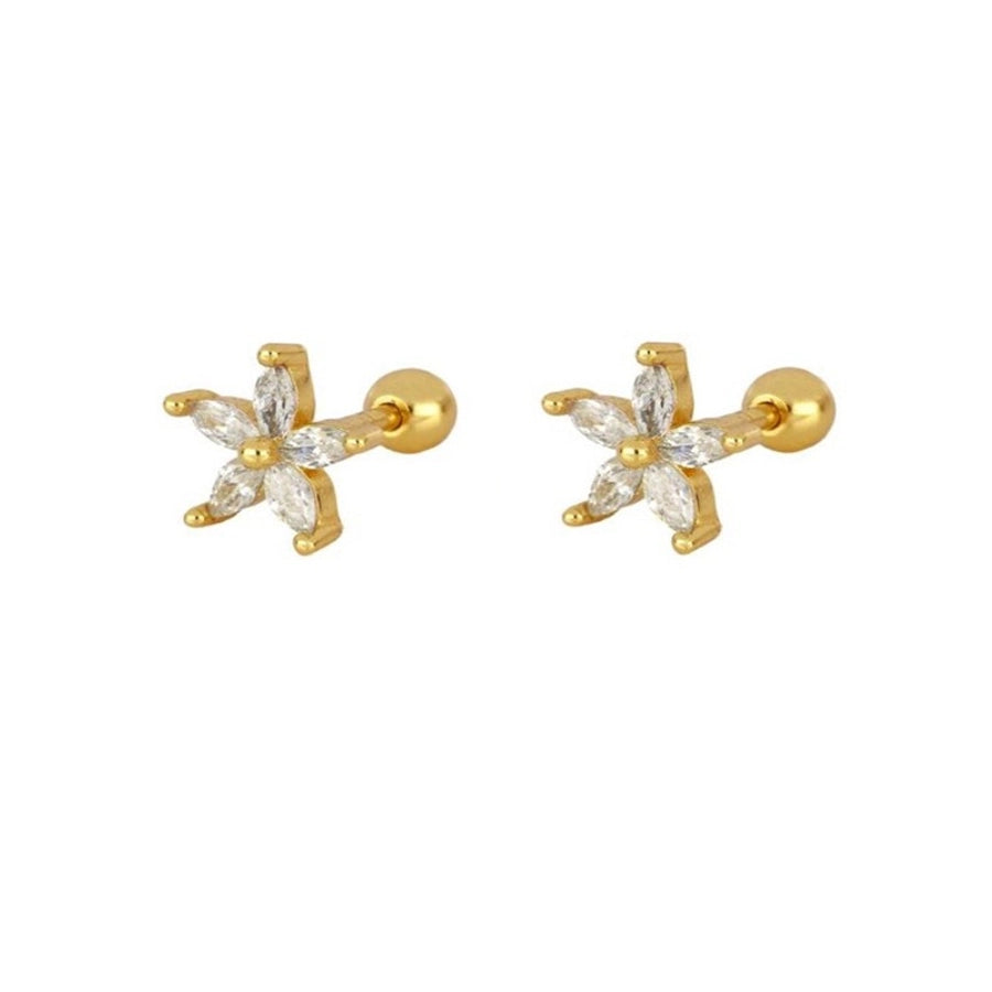 1 Pair Sweet Shiny Flower Inlay Copper Zircon 24K Gold Plated Ear Studs