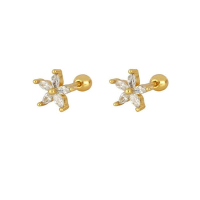 1 Pair Sweet Shiny Flower Inlay Copper Zircon 24K Gold Plated Ear Studs