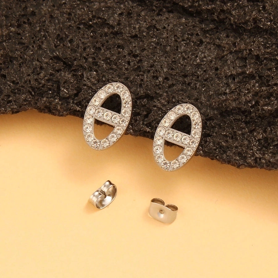 1 Pair Retro Simple Style Oval Inlay 304 Stainless Steel 316 Stainless Steel  Rhinestones 18K Gold Plated Ear Studs