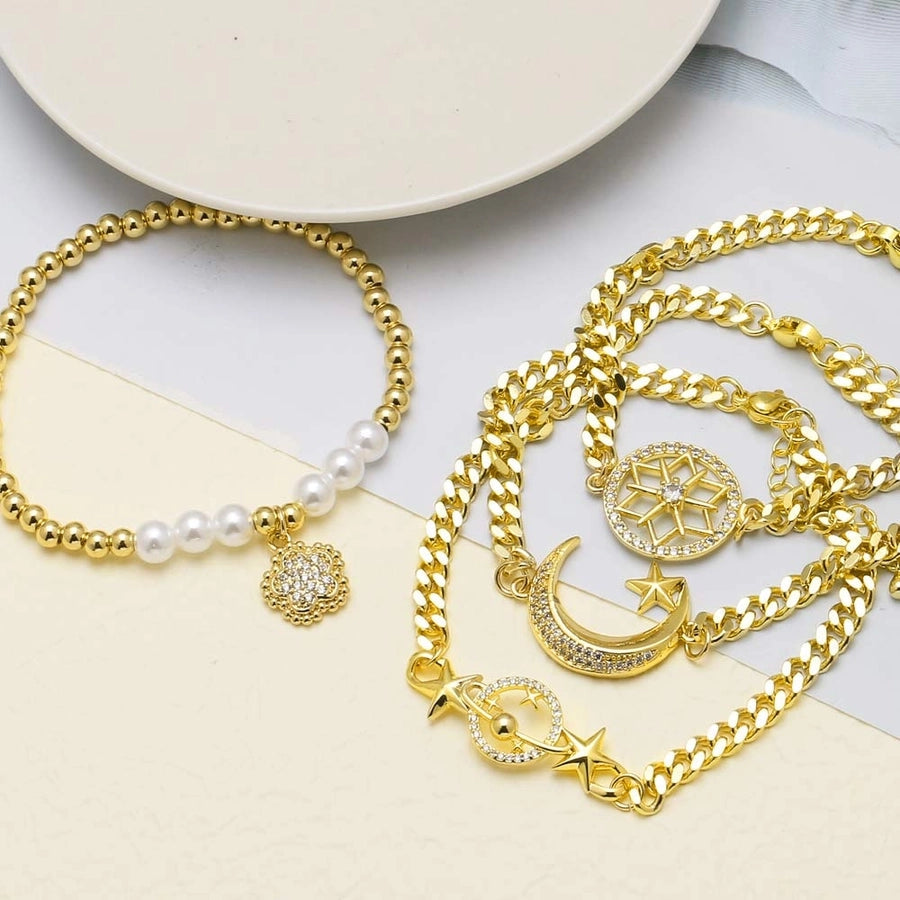 Copper 18K Gold Plated Inlay Star Moon Zircon Bracelets