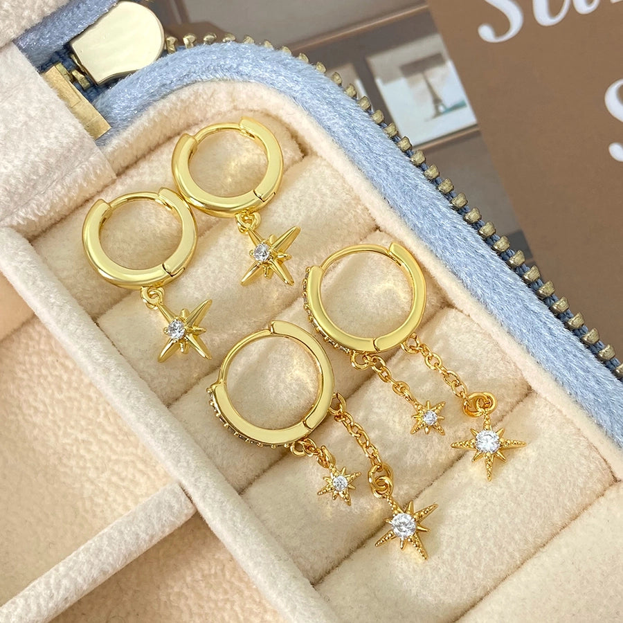 1 Pair Casual Hexagram Star Asymmetrical Copper Zircon Drop Earrings