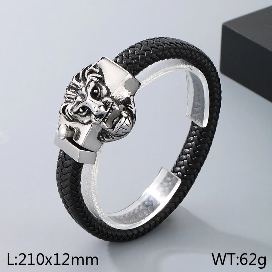 Business Lion's head Wolf Head Skull 304 Stainless Steel Leather 18K Gold Plated Men's Bracelets