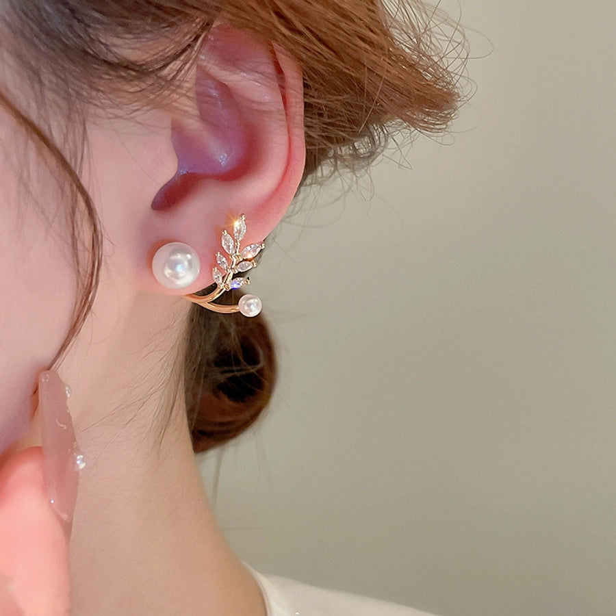1 Pair Casual Simple Style Streetwear Leaf Plating Copper Artificial Pearls Zircon Earrings