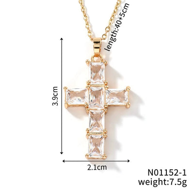 304 Stainless Steel Copper K Gold Plated Rhodium Plated Inlay Cross Zircon Pendant Necklace