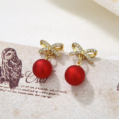 Copper Plating 18K Color Retention Imitation Pearl Bowknot Christmas Ear Studs Earrings