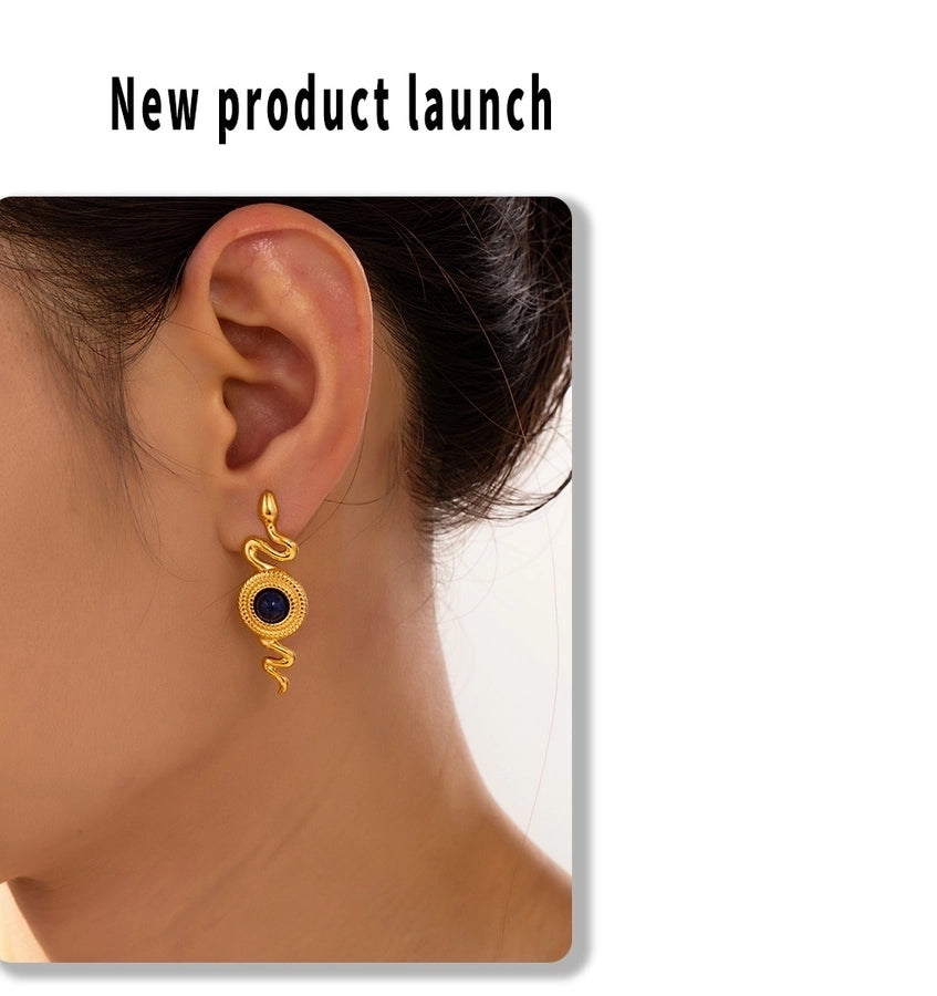 1 Pair Retro British Style Round Snake Plating Inlay 304 Stainless Steel Natural Stone Agate 18K Gold Plated Ear Studs