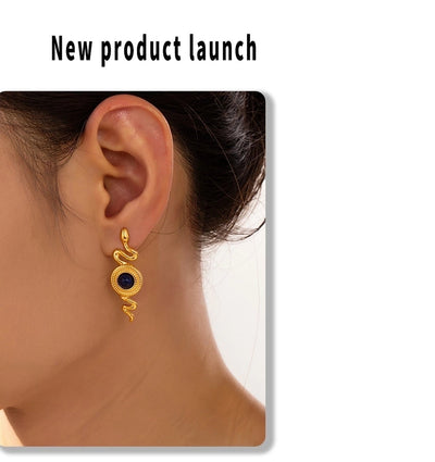 1 Pair Retro British Style Round Snake Plating Inlay 304 Stainless Steel Natural Stone Agate 18K Gold Plated Ear Studs