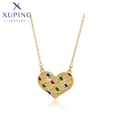 Copper 18K Gold Plated Inlay Heart Shape Artificial Gemstones Necklace