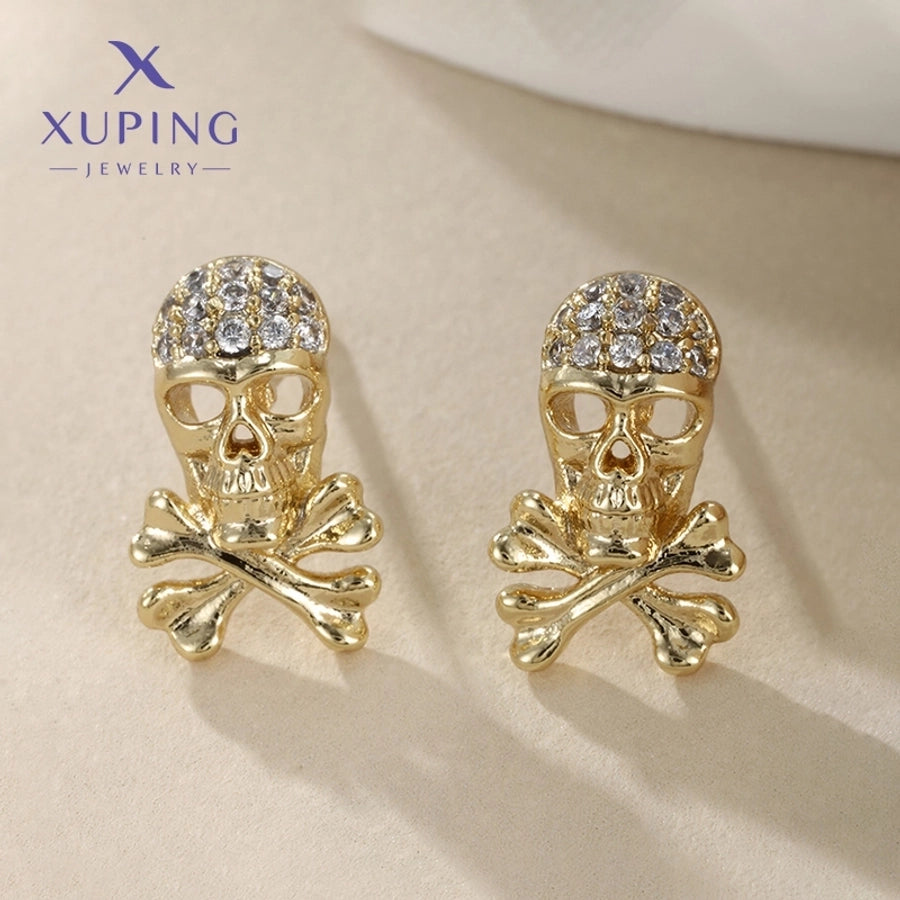 12 pairs XUPING Cool Style Skull Plating Inlay Copper Zirconia 14K Gold Plated Ear Studs