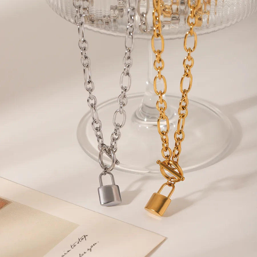 Wholesale Jewelry IG Style Hip-Hop Lock 304 Stainless Steel Titanium Steel 18K Gold Plated Pendant Necklace cable chain