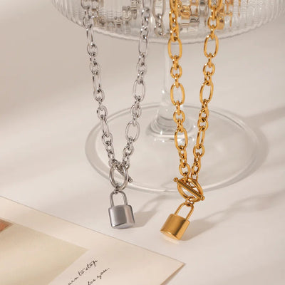 Wholesale Jewelry IG Style Hip-Hop Lock 304 Stainless Steel Titanium Steel 18K Gold Plated Pendant Necklace cable chain