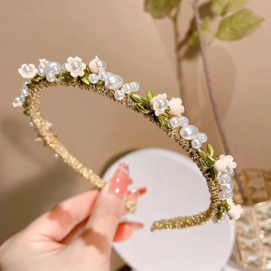 women's fairy style sweet waves flower imitation pearl alloy hair band
