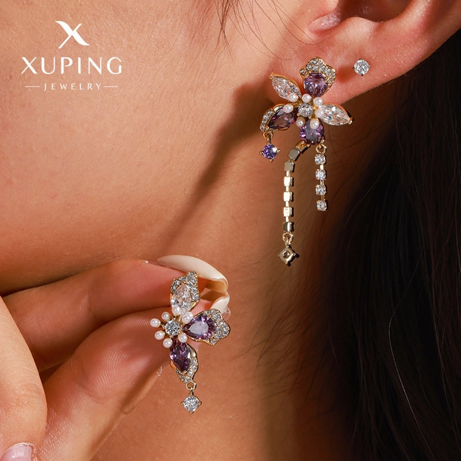 1 Pair Luxurious Sweet Tassel Flower Plating Copper Artificial Gemstones 18K Gold Plated Drop Earrings