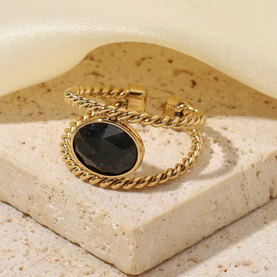 Wholesale Jewelry Retro French Style Oval Titanium Steel Natural Stone 14K Gold Plated Plating Inlay Open Rings