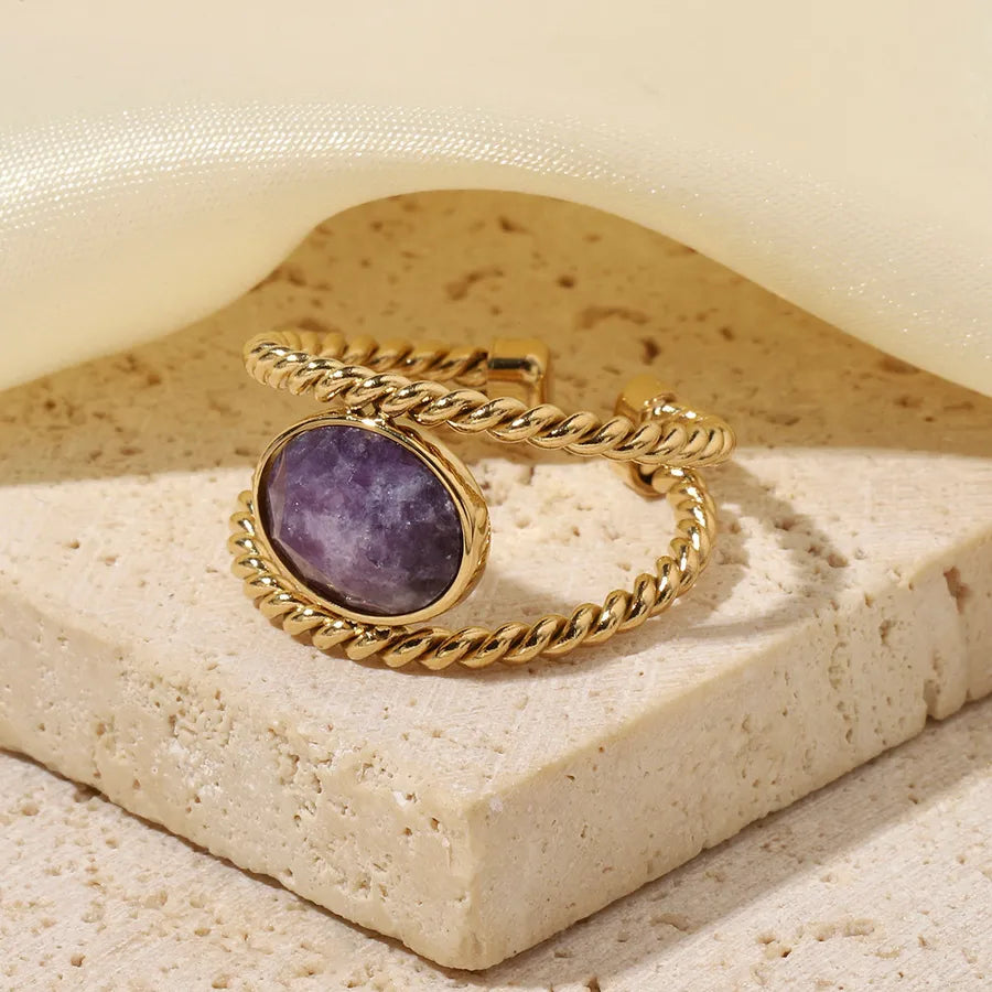 Wholesale Jewelry Retro French Style Oval Titanium Steel Natural Stone 14K Gold Plated Plating Inlay Open Rings