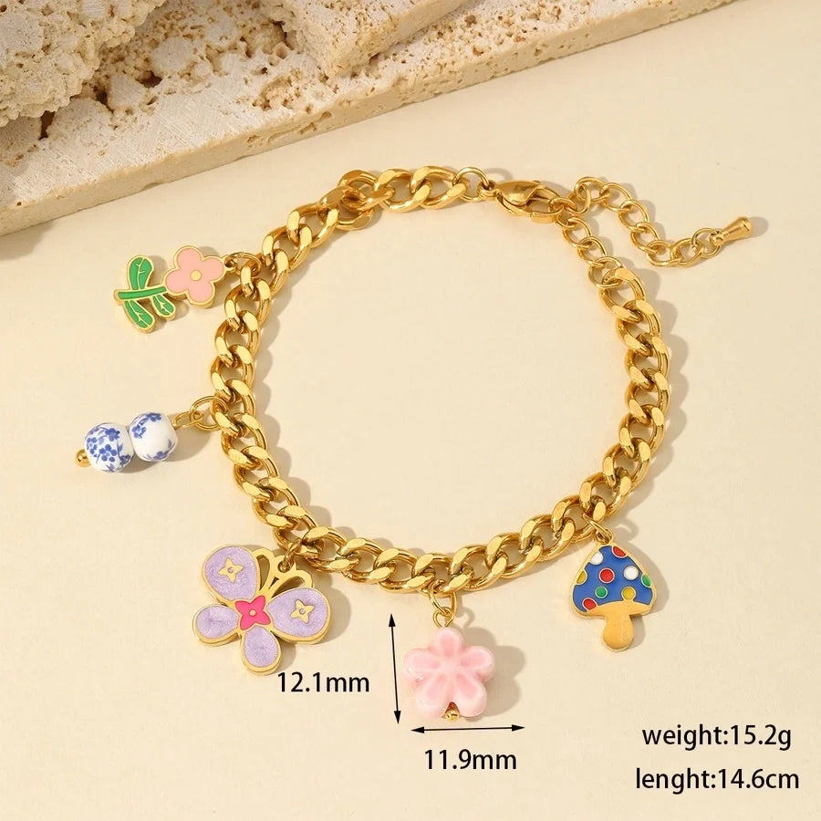 Jewelry Cute Sweet Flower Mushroom Butterfly 304 Stainless Steel 18K Gold Plated Enamel Plating Multi Charms Necklace Bracelets Earrings
