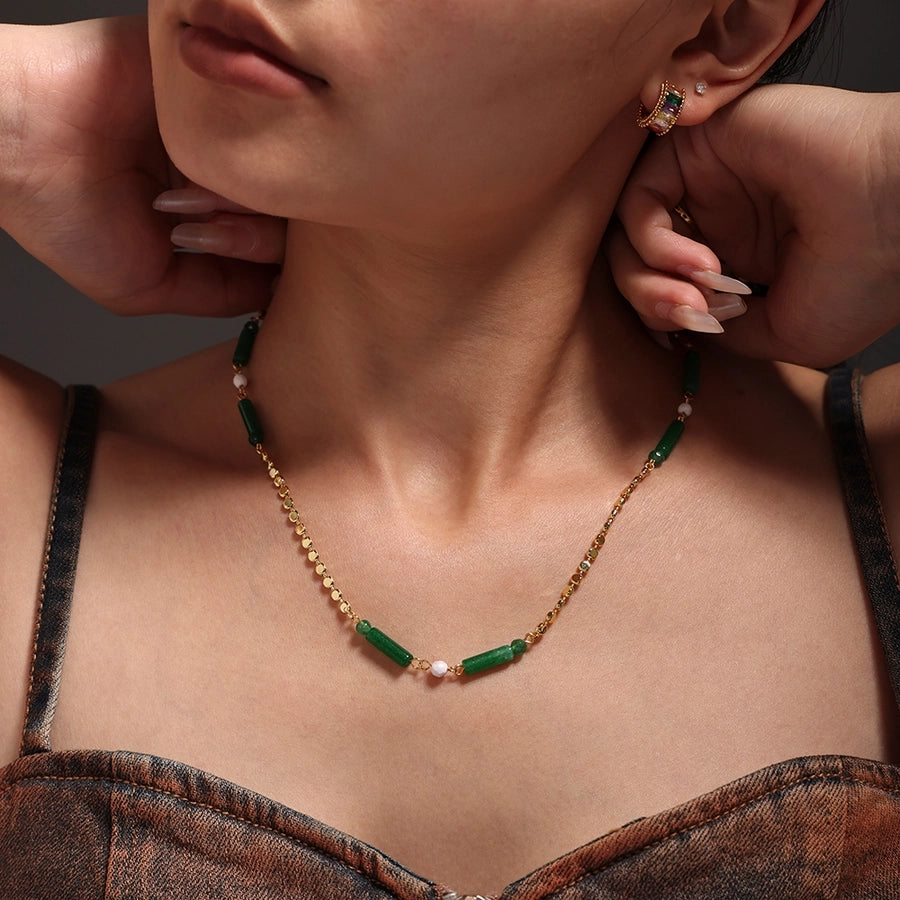 Jewelry Elegant Vacation chain 304 Stainless Steel Aventurine 18K Gold Plated Beaded Necklace