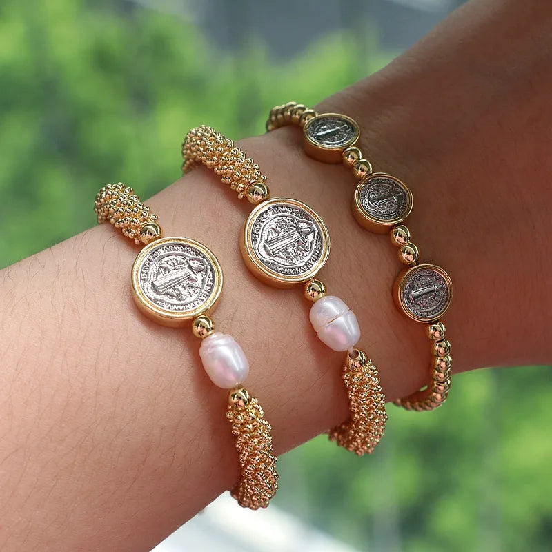 Imitation Pearl Copper Beaded Round Virgin Mary Bracelets