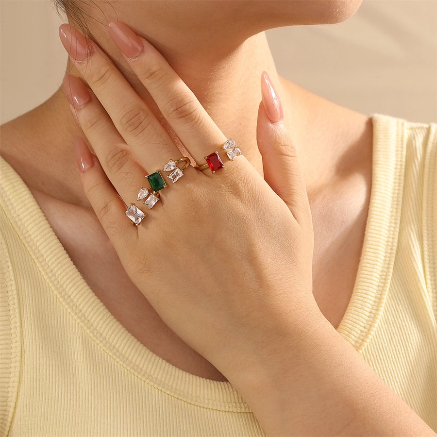 Copper Inlay Geometric Square Zircon Open Rings